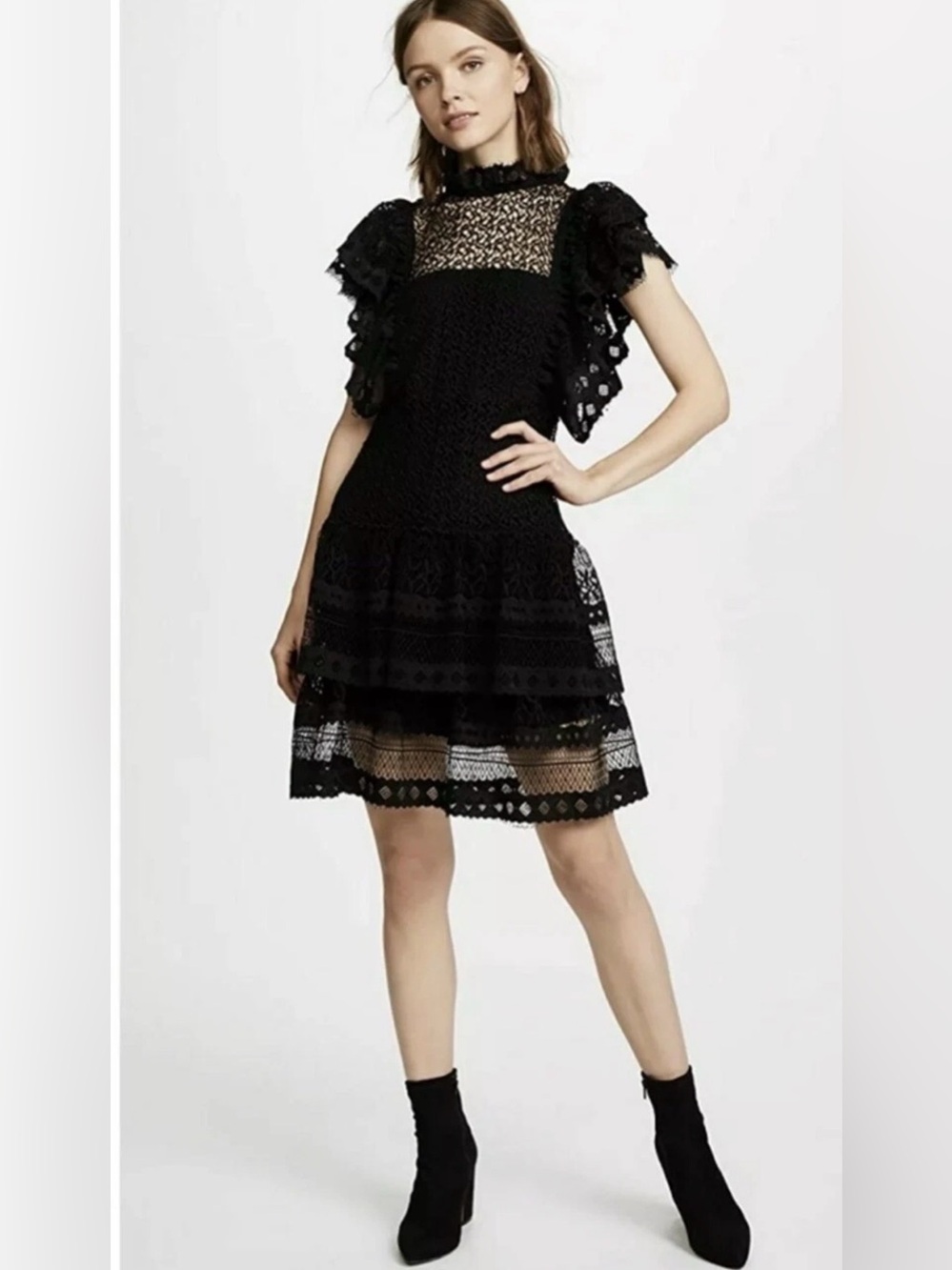 Anine Bing Black Lace Ruffle Sleeve Top - Picture 1 of 10